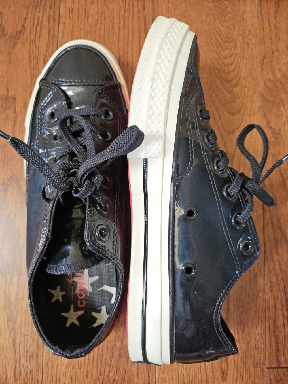 Converse Black Patent Low-Top Sneakers with Red Bottom, Men 4.5, Women 6.5